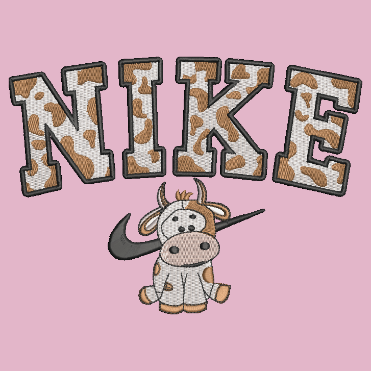 A pink background with a large embroidered-style 'NIKE' wordmark in white and tan cow-print lettering outlined in dark gray, above a cartoon cow wearing a dark gray Nike swoosh.