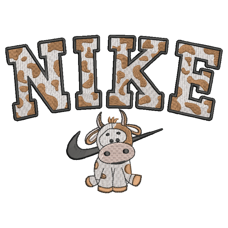 A graphic design featuring the word 'NIKE' in large block letters filled with a brown and white cow print, outlined in black. Below the text is a cartoon cow wearing a black Nike swoosh on its forehead, set against a plain white background.
