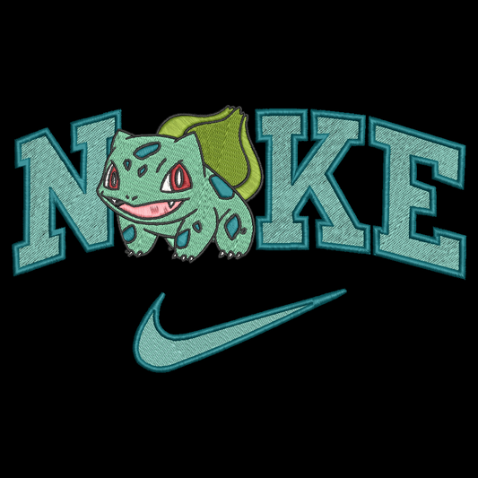 pokemon bulbasaur with nike logo on a black background