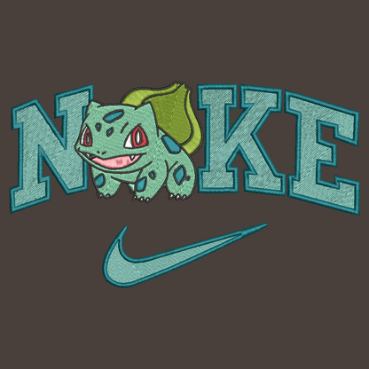 pokemon bulbasaur with nike logo on a brown background