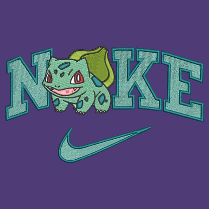 pokemon bulbasaur with nike logo on a purple background