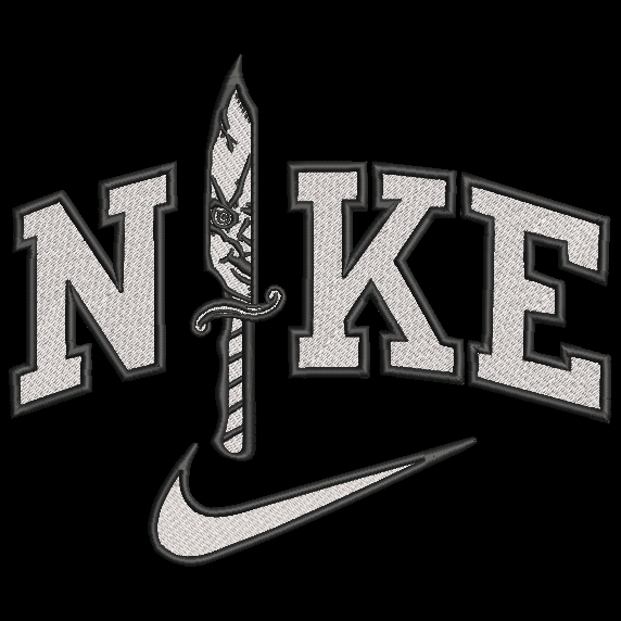 A black square graphic featuring the word 'NIKE' in large white varsity-style letters with a knife replacing the vertical stem that shows part of chucky doll face, and a white Nike swoosh below.