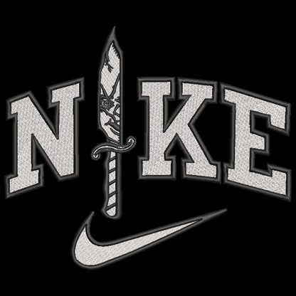 A black square graphic featuring the word 'NIKE' in large white varsity-style letters with a knife replacing the vertical stem that shows part of chucky doll face, and a white Nike swoosh below.