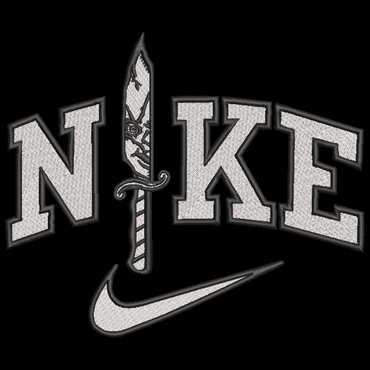 A black square graphic featuring the word 'NIKE' in large white varsity-style letters with a knife replacing the vertical stem that shows part of chucky doll face, and a white Nike swoosh below.