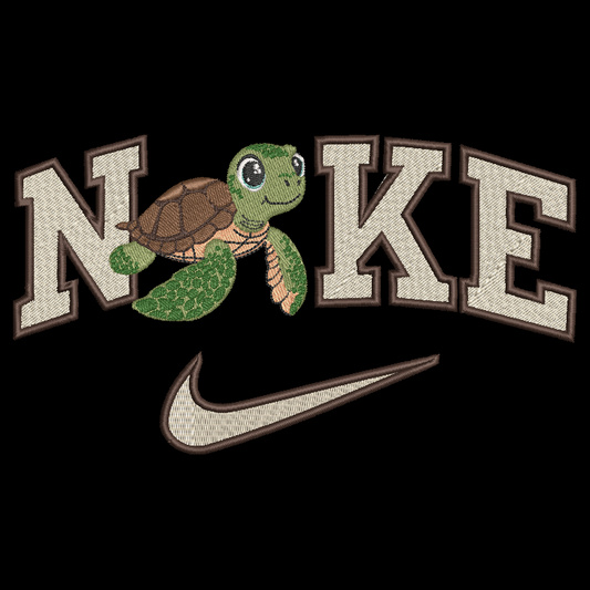 Embroidered graphic design featuring the word 'NIKE' with a cute green sea turtle replacing the 'I', and a Nike swoosh below, on a black background.