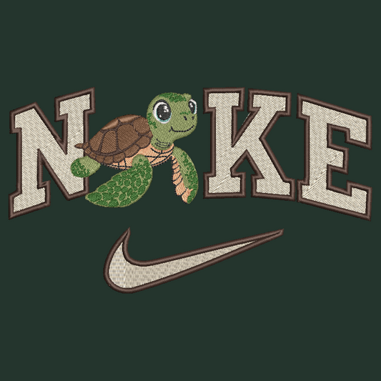 A graphic design featuring a cartoon sea turtle positioned over the letters 'N' and 'K' in a large arch spelling 'NKE', with a Nike swoosh below. The design is shown on a solid dark forest green background.