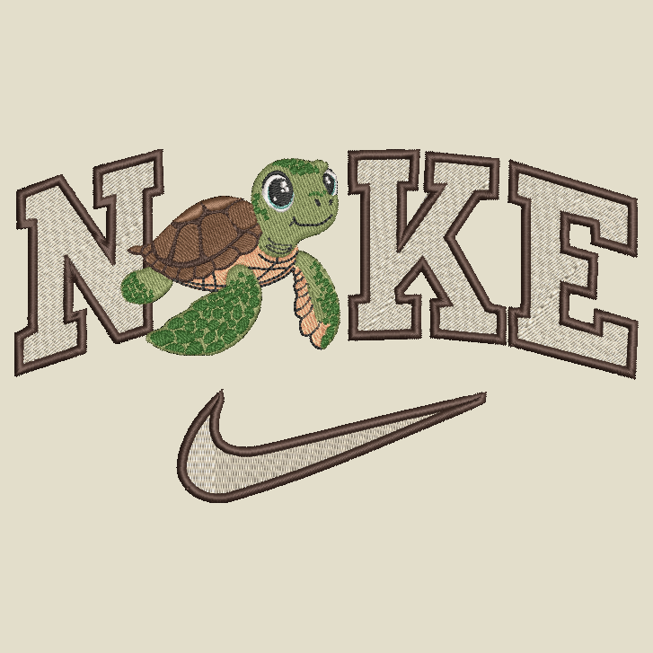 Nike logo with a turtle illustration on a beige background