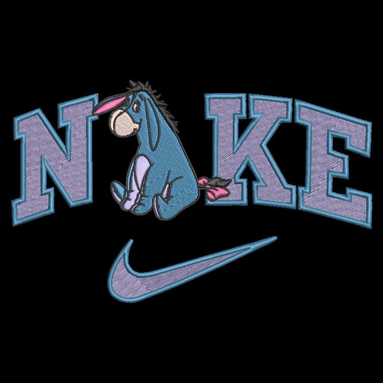 embroidered eeyore in the nike logo on a black background