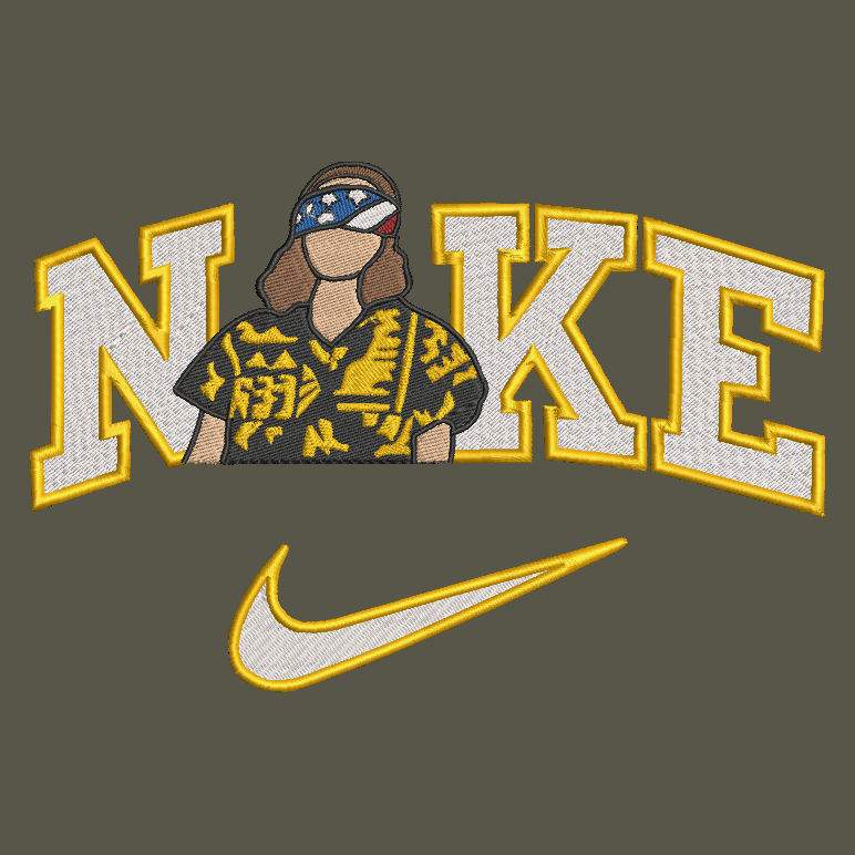 An embroidered graphic design featuring the word 'NIKE' in large white varsity-style letters with yellow outlines, with a stylized person wearing a patterned shirt and bandana in the center. Below the text is a white Nike swoosh with a yellow outline, all on a dark olive-gray background.