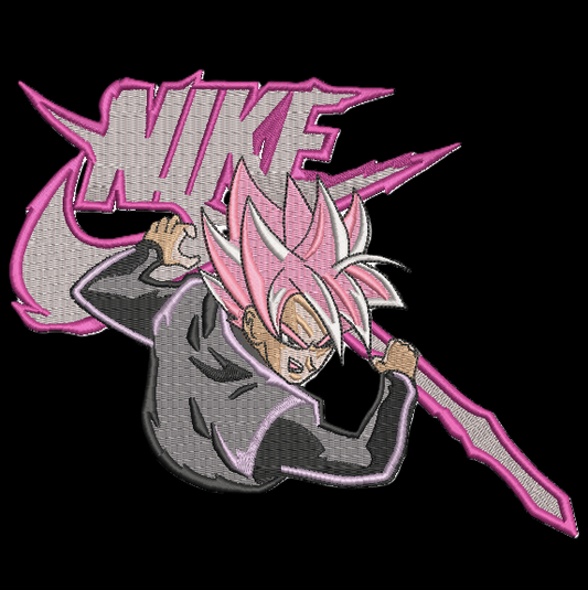 An embroidered patch featuring a stylized anime character with pink hair and a sword, set against a large pink and gray Nike swoosh logo on a black background.