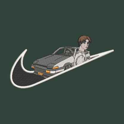 green background with embroidered takumi and his AE86 car on it