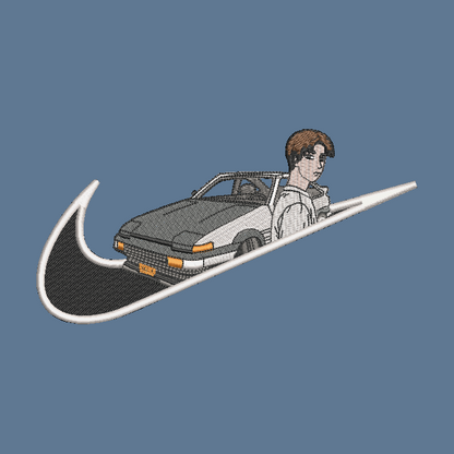 blue background with embroidered takumi and his AE86 car on it