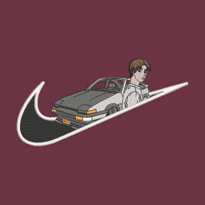 red background with embroidered takumi and his AE86 car on it