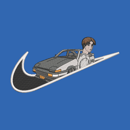 blue background with embroidered takumi and his AE86 car on it