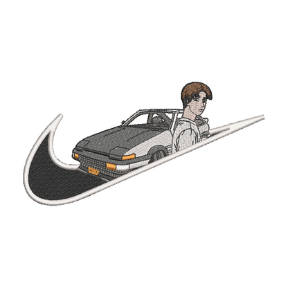 white background with embroidered takumi and his AE86 car on it