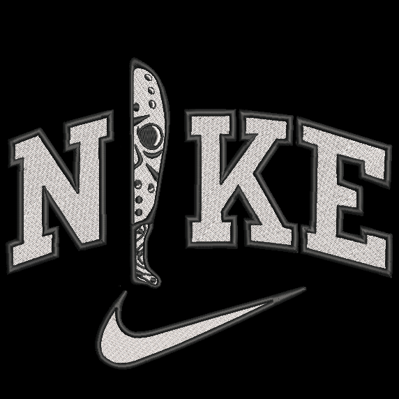 A black graphic featuring the word 'NIKE' in large arched varsity-style letters with a stylized knife that shows jason replacing the 'I', plus a white Nike swoosh below. The lettering and swoosh are textured light gray with dark gray outlines.