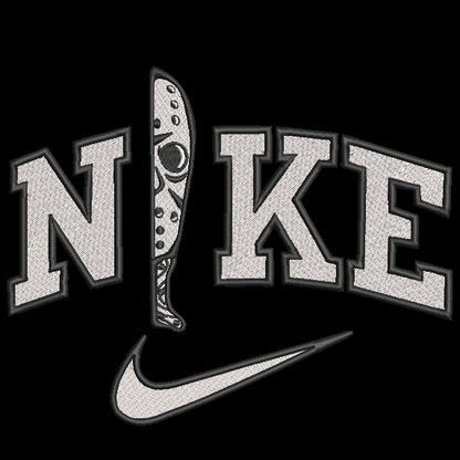 A black graphic featuring the word 'NIKE' in large arched varsity-style letters with a stylized knife that shows jason replacing the 'I', plus a white Nike swoosh below. The lettering and swoosh are textured light gray with dark gray outlines.