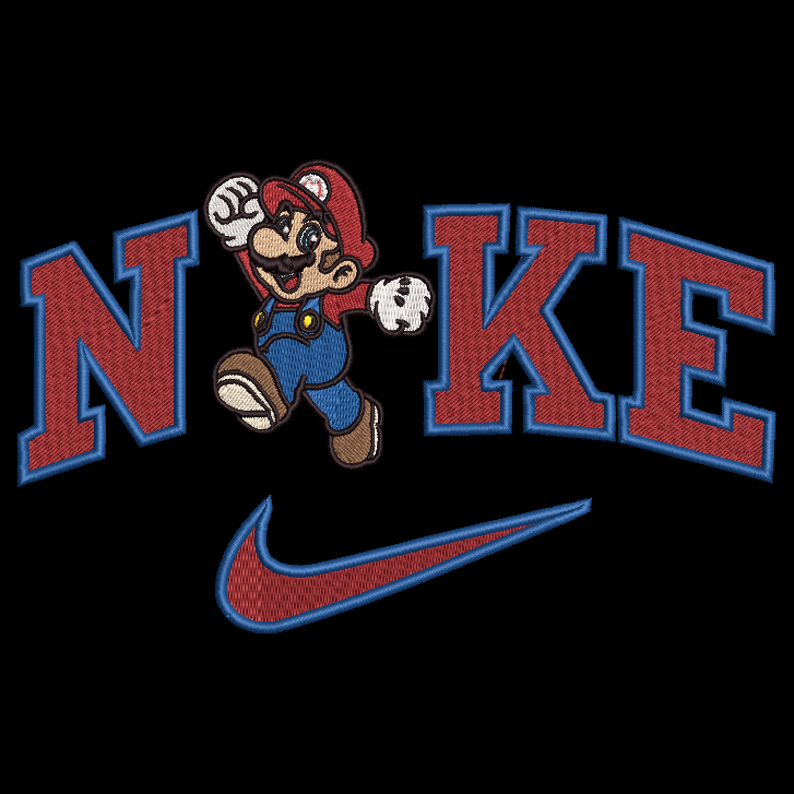 An embroidered patch design featuring the word 'NIKE' in red letters with blue outlines, a cartoon Mario character replacing the 'I', and a red Nike swoosh below, all on a black background.