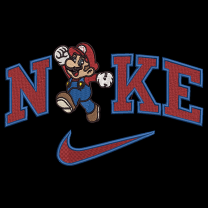 An embroidered patch design featuring the word 'NIKE' in red letters with blue outlines, a cartoon Mario character replacing the 'I', and a red Nike swoosh below, all on a black background.