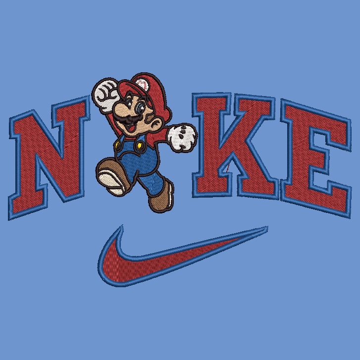 A blue embroidered patch design featuring the word 'NIKE' in red letters with blue outlines, a cartoon Mario jumping over the letters, and a red Nike swoosh below.