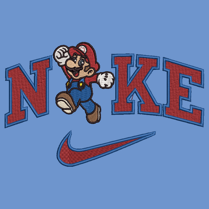 A blue embroidered patch design featuring the word 'NIKE' in red letters with blue outlines, a cartoon Mario jumping over the letters, and a red Nike swoosh below.