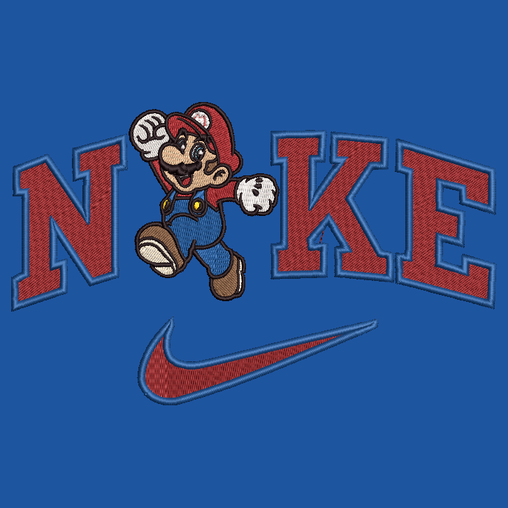 A blue graphic design featuring the word 'NIKE' in large red letters with a white and blue outline, where the letter 'I' is replaced by an embroidered-style illustration of Mario jumping. Below the text is a red Nike swoosh.