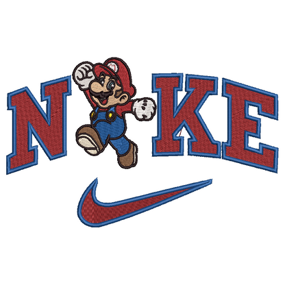 An embroidered patch featuring the word 'NIKE' in red with blue outlines, the character Mario jumping between the letters, and a blue Nike swoosh below on a white background.