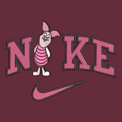 maroon background with piglet winnie the pooh character in the middle of nike logo