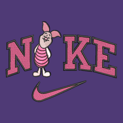 purple background with piglet winnie the pooh character in the middle of nike logo