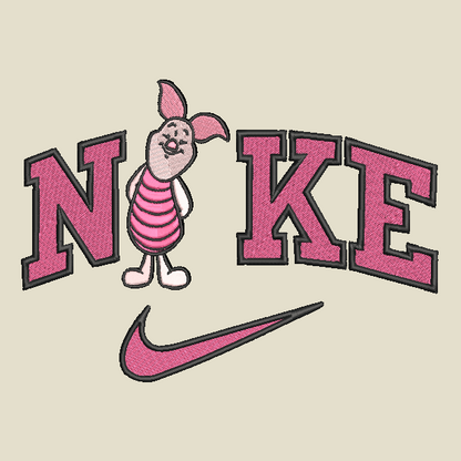 beige background with piglet winnie the pooh character in the middle of nike logo