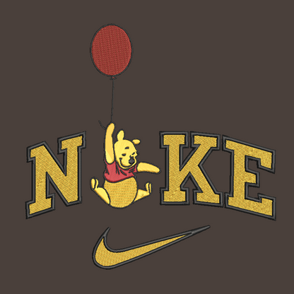 brown background with embroidered design on winnie the pooh holding a balloon in the middle of the nike logo