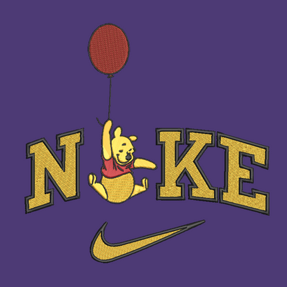purple background with embroidered design on winnie the pooh holding a balloon in the middle of the nike logo