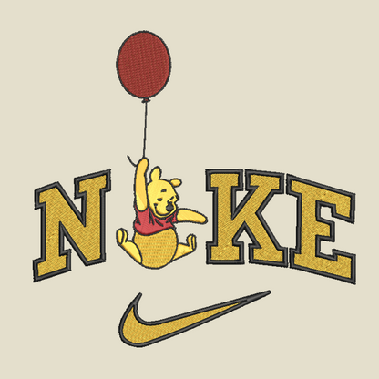 beige background with embroidered design on winnie the pooh holding a balloon in the middle of the nike logo