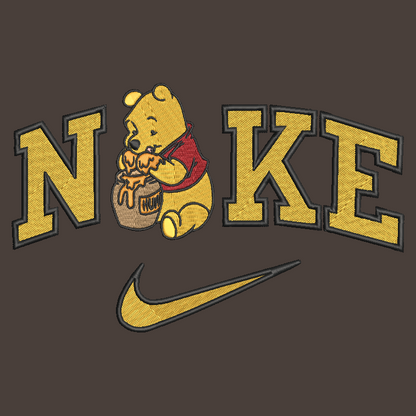 brown background with embroidered winnie the pooh in the middle of the nike logo