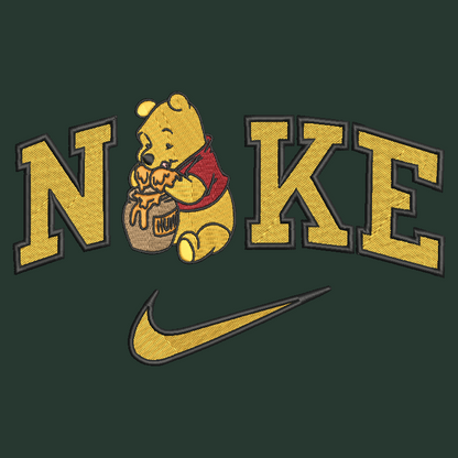 green background with embroidered winnie the pooh in the middle of the nike logo