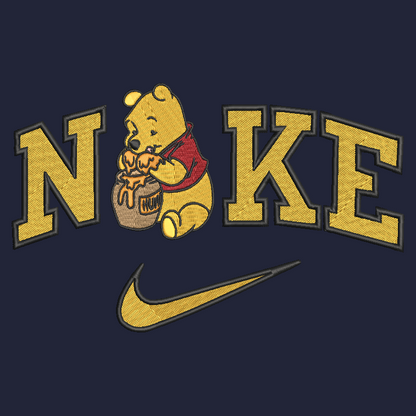 navy background with embroidered winnie the pooh in the middle of the nike logo