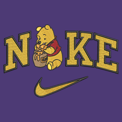 purple background with embroidered winnie the pooh in the middle of the nike logo