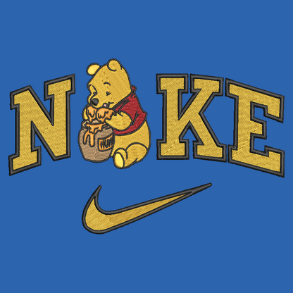 blue background with embroidered winnie the pooh in the middle of the nike logo