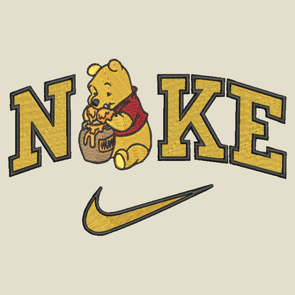 beige background with embroidered winnie the pooh in the middle of the nike logo