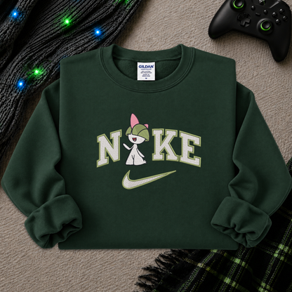 green sweatshirt with an embroidered pokemon Raltz in the word nike
