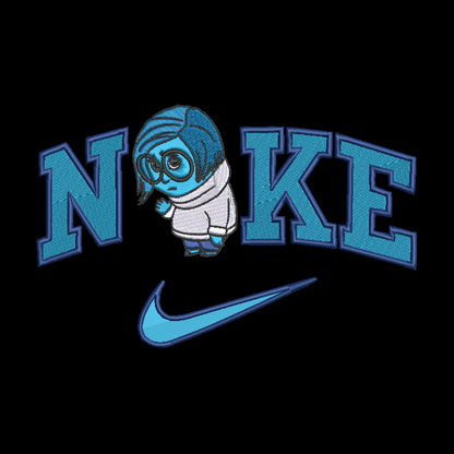 A black square graphic featuring the word 'NIKE' in large blue letters with a small cartoon character over the I, and a blue Nike swoosh below.