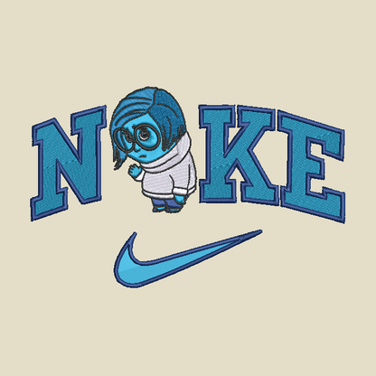 A graphic design featuring the word 'NOKE' in blue varsity-style letters with a small cartoon character in a white hoodie replacing the 'O', and a blue Nike swoosh below, all on a light beige background.