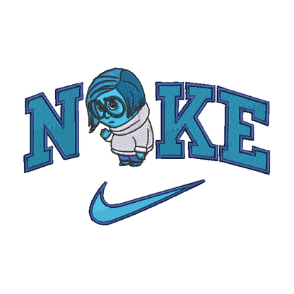 An embroidered patch design featuring the word 'NIKE' in blue varsity-style letters, with a cartoon character in a white hoodie replacing the 'I', and a blue Nike swoosh below on a white background.