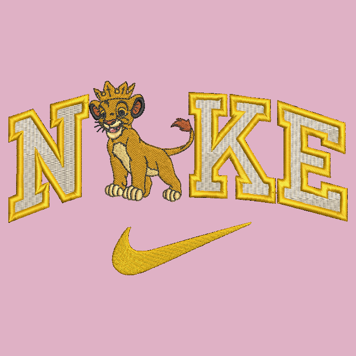 A pink background with a stylized embroidered design featuring the word 'NIKE' in large yellow and white letters, where the letter 'I' is replaced by a cartoon lion cub wearing a crown, and a yellow Nike swoosh below.
