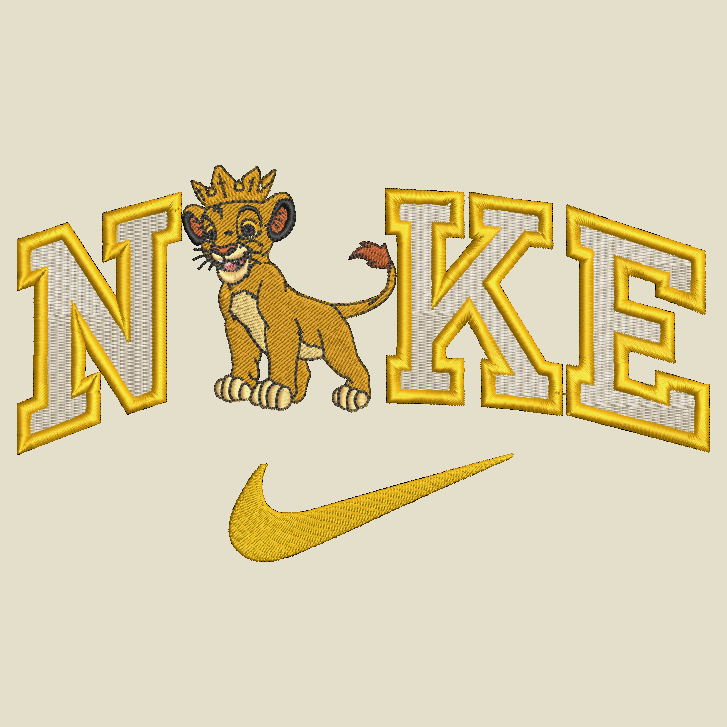 Embroidered graphic design featuring the word 'NIKE' stylized with a lion cub wearing a crown as the letter 'I', and a gold swoosh below, on a light beige background.