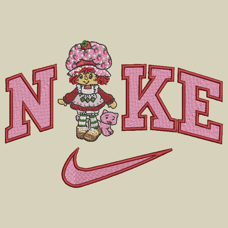 embroidered strawberry shortcake design in the nike logo on a beige background