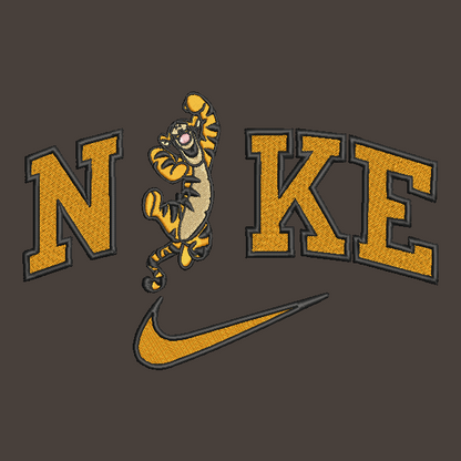 brown background with embroidered tigger in the middle of the nike logo
