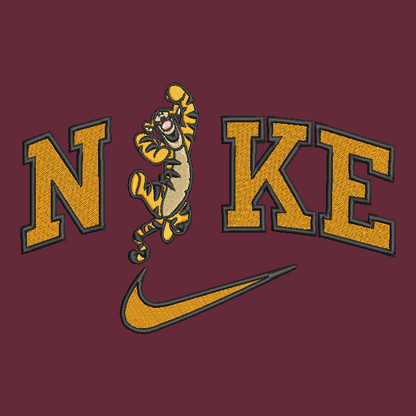 maroon background with embroidered tigger in the middle of the nike logo