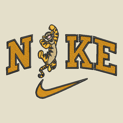 beige background with embroidered tigger in the middle of the nike logo