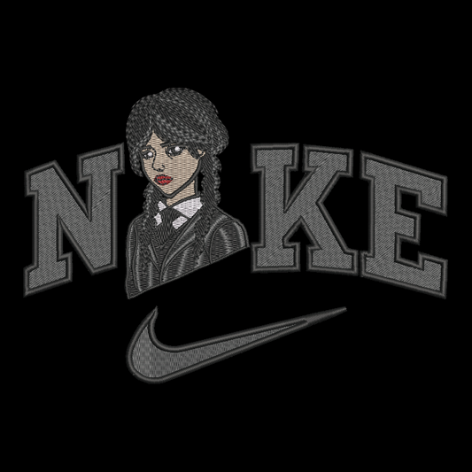 A dark gray embroidered-style graphic featuring the word 'Nike' with a stylized portrait of wednesday integrated into the lettering, plus a Nike swoosh below.